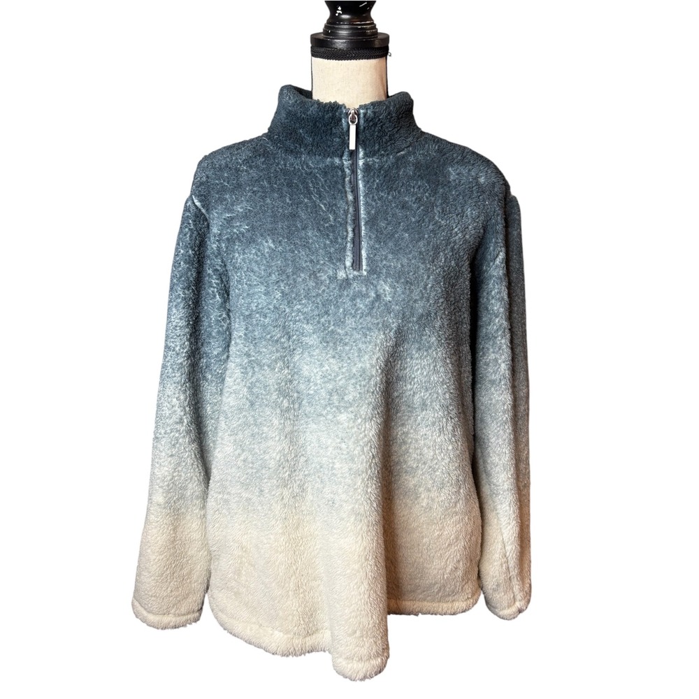 Denim & Co Blue Ombre Sherpa Fleece Quarter Zip Pullover Sweater Large